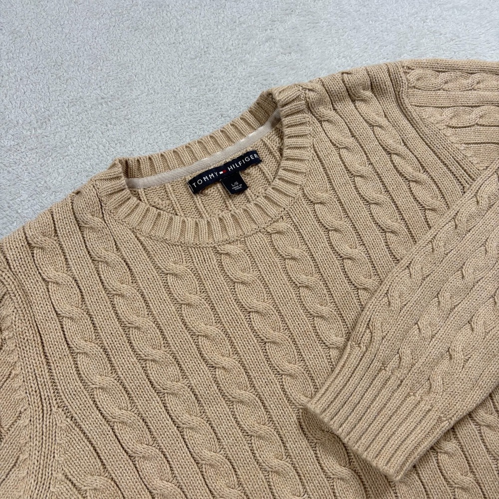 Tommy Hilfiger Sweater Mens Large Beige Cotton Cable Knit Winter Cozy Classic